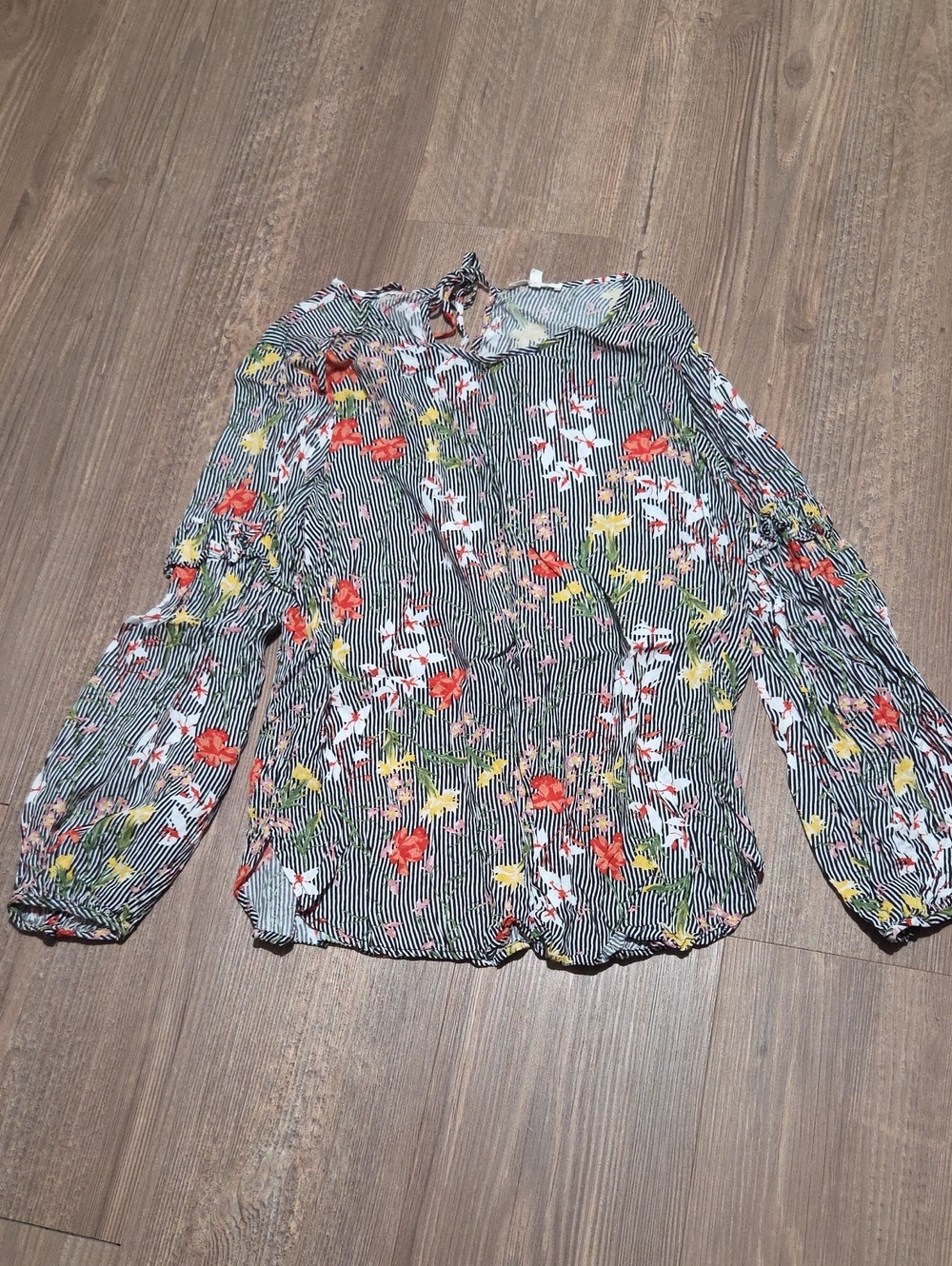 Women’s Floral Stripe Long-Sleeve Blouse - Black/White with Red & Yellow Flowers